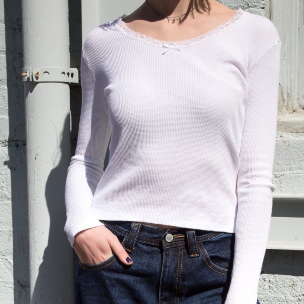 -Brandy Melville White Lace Bow L/S Shirt- One Size As Is